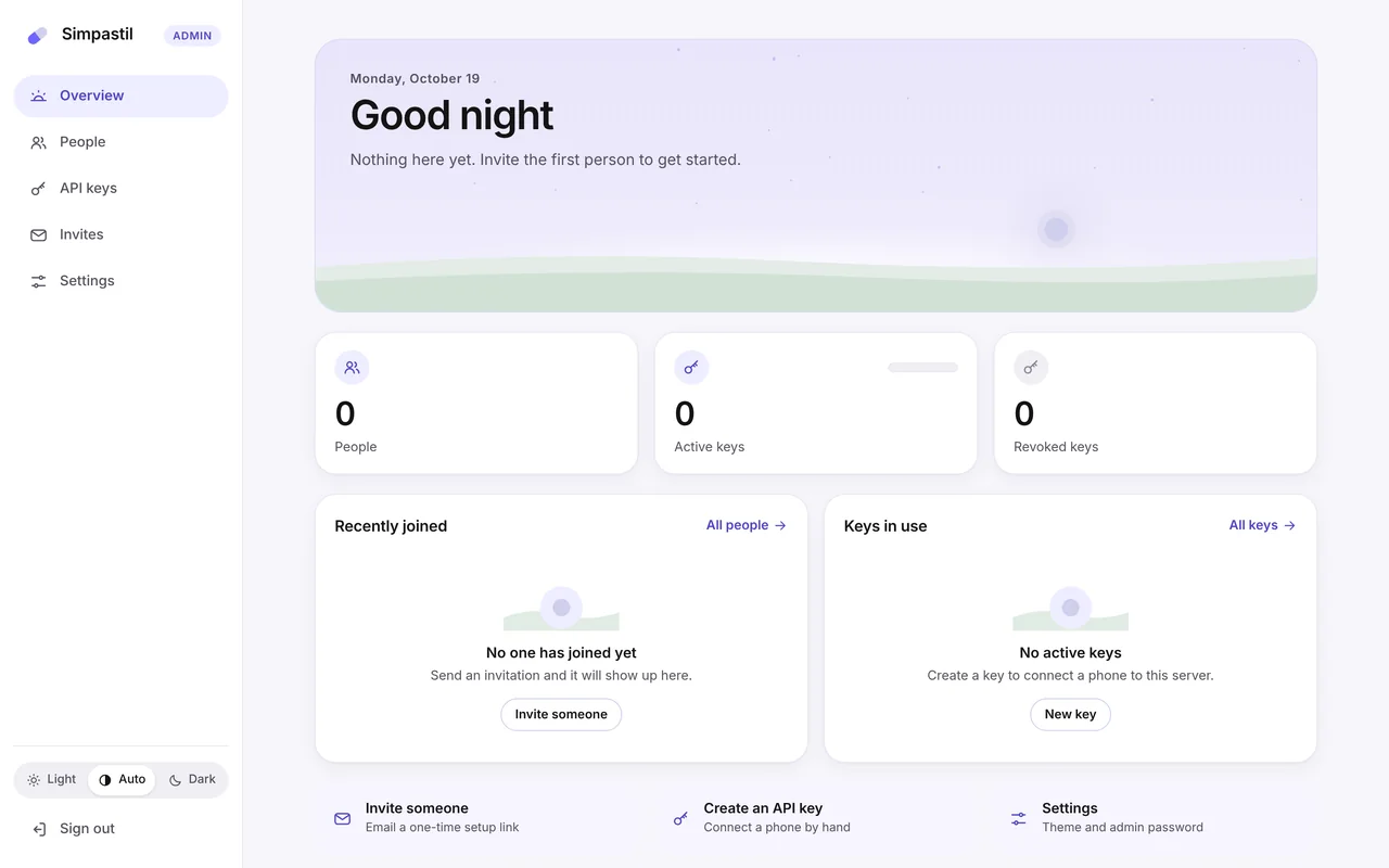 The server's admin console: Overview, with counts of people, active keys and revoked keys, and shortcuts to invite someone or create an API key.