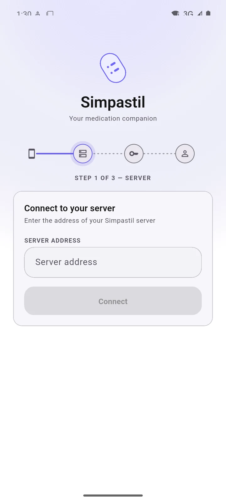 Simpastil's Connect to your server screen, step 1 of 3: a field for the server address and a Connect button.