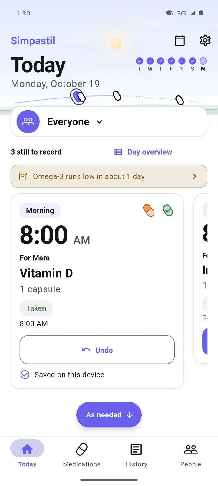 Today in the Focus deck layout at 1:30 PM: Mara's 8:00 Vitamin D card shows Taken, with Undo.