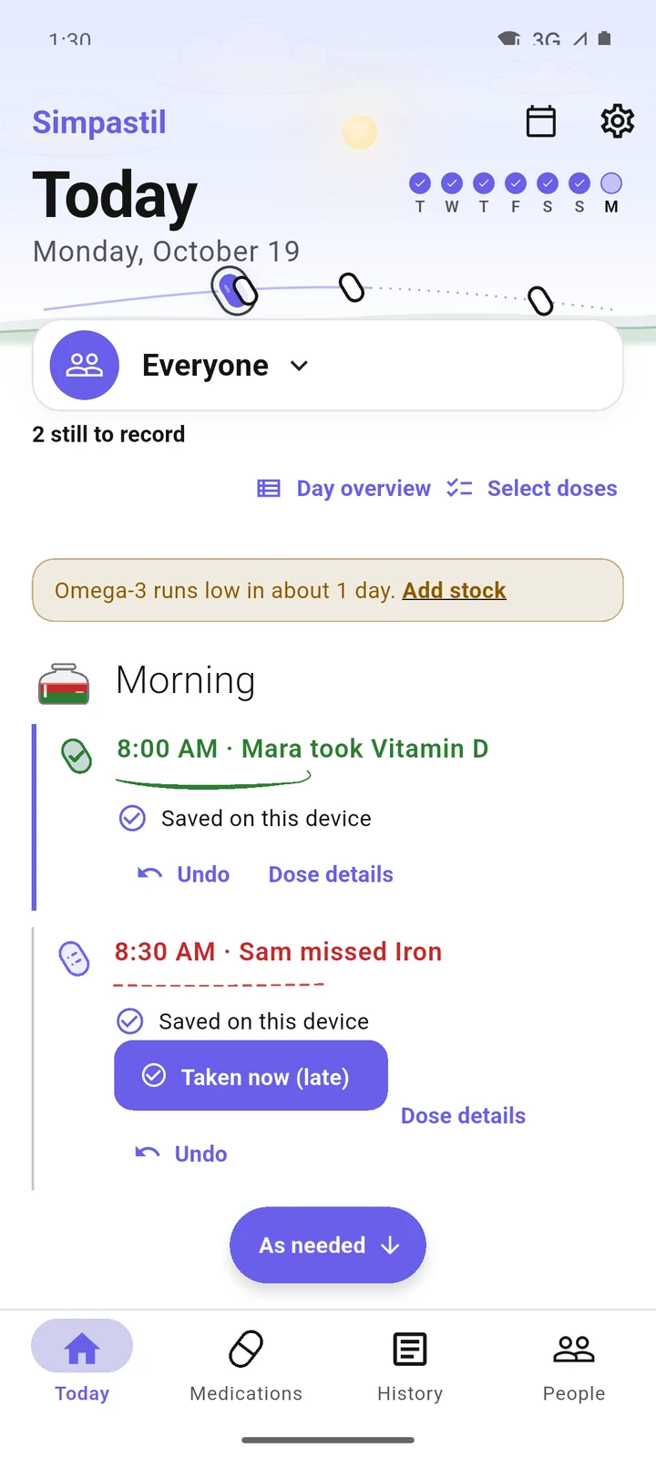 Today in the Daily journal layout: Morning, Mara took Vitamin D at 8:00 and Sam missed Iron at 8:30.