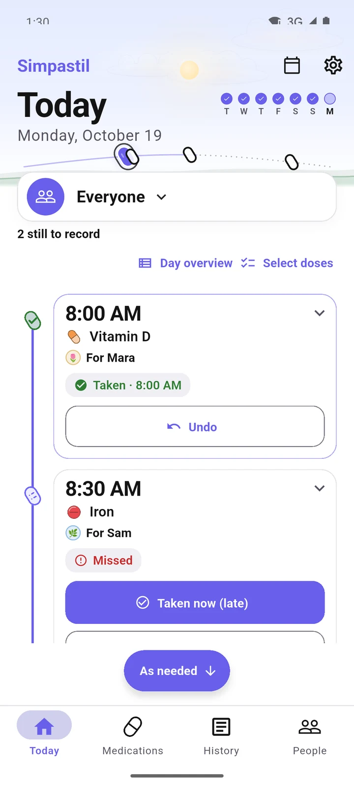 Today in the Timeline layout: Vitamin D taken at 8:00, and Sam's 8:30 Iron missed, with Taken now (late).