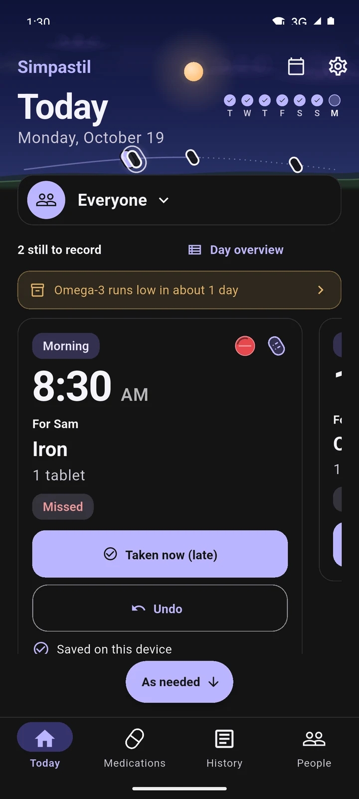 Phone, dark theme: Today with Sam's 8:30 Iron marked missed.
