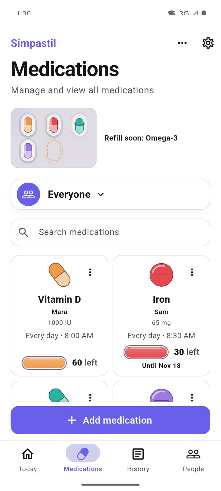 Phone: Medications, each with its pill, routine and stock left.