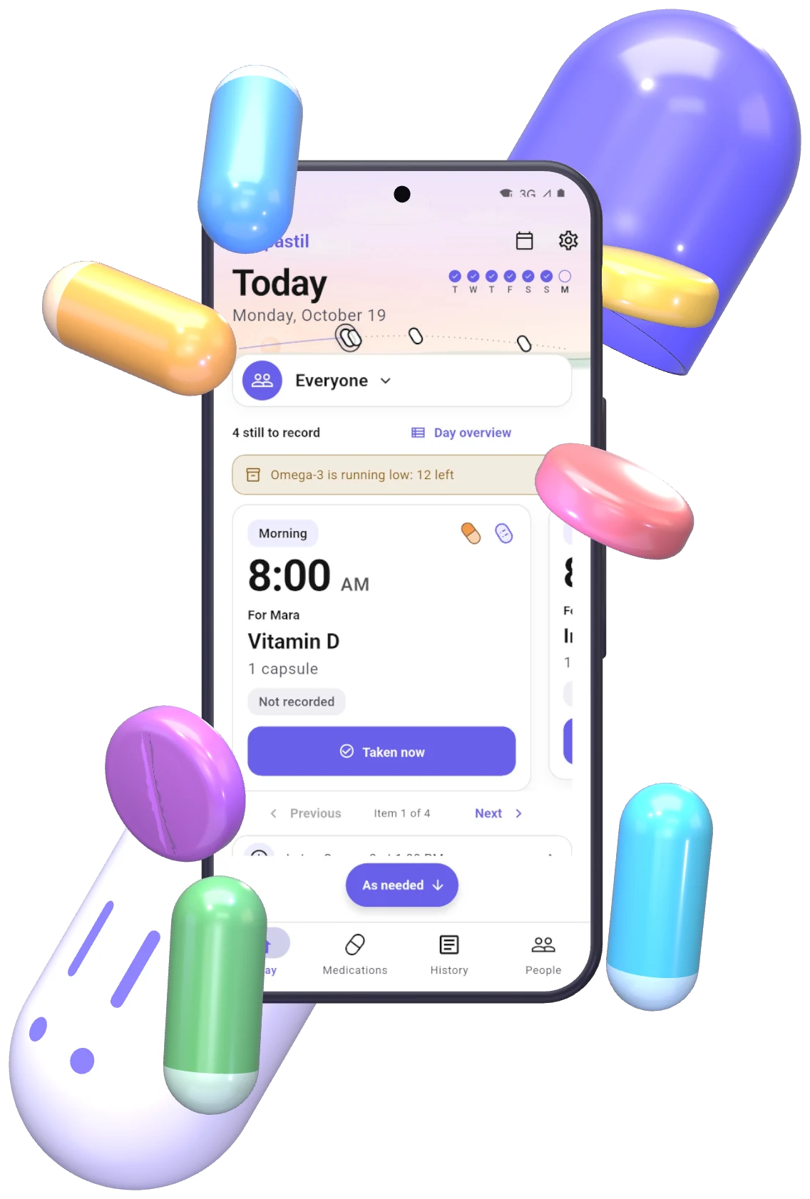 The Simpastil capsule opened in two halves, with a phone showing Today: Vitamin D for Mara at 8:00, not yet recorded, and pills floating around it.