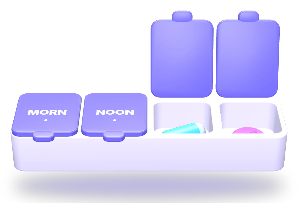 A four-compartment pill box: Morning and Noon lids closed, Evening and Night open with a pill in each.